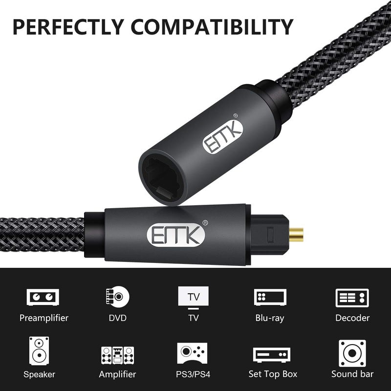 EMK Optical Extension Cable Male to Female Coupler Cord Nylon Braided Jacket 24K Gold-Plated Fiber Digital Extension Adapter Cable for Home Theater Sound bar TV PS4 Xbox 3.3ft - Image 4